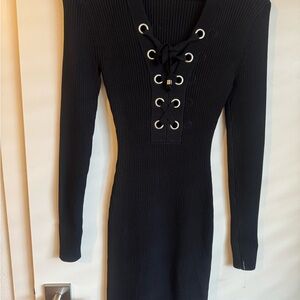 Michael Kors Ribbed Mini Dress Women black V Neck
Lace Up Long Sleeve